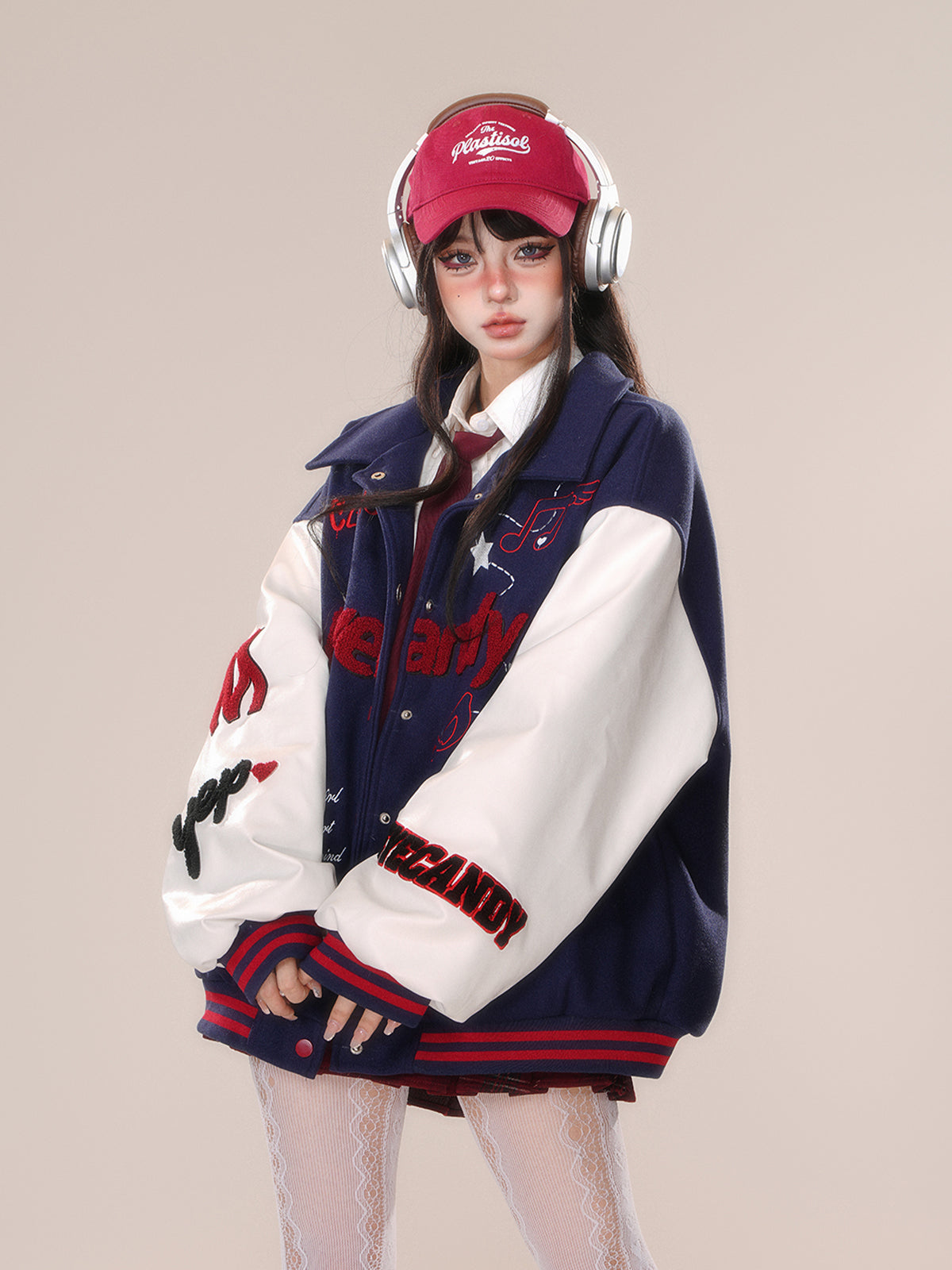 Kawaii Fuzzy Embroidered Varsity Jacket – Oversized Sweet-Punk Bomber for Fall/Winter