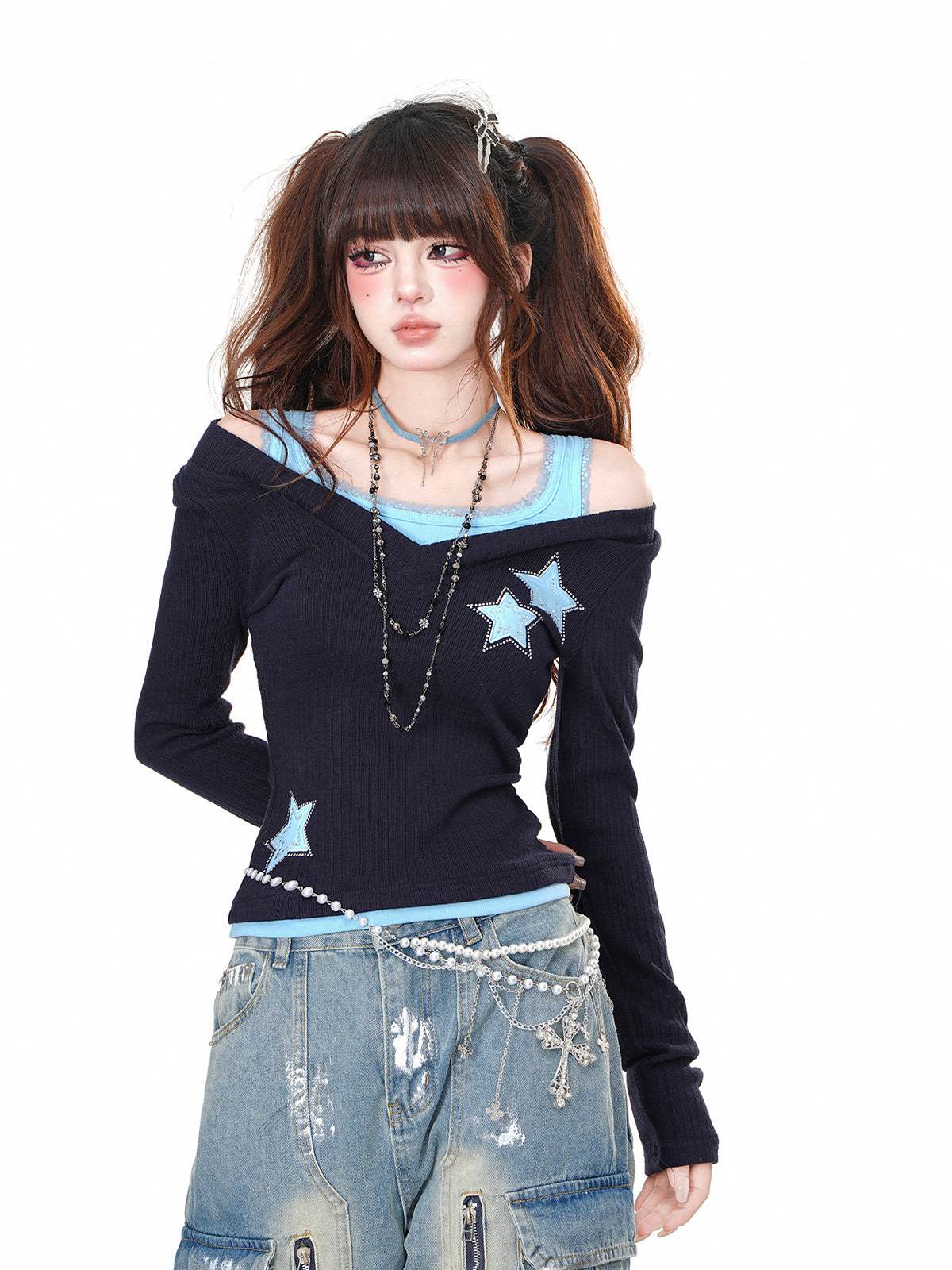 Off-Shoulder Layered Knit Top – Y2K Star Embroidered Two-Piece Look