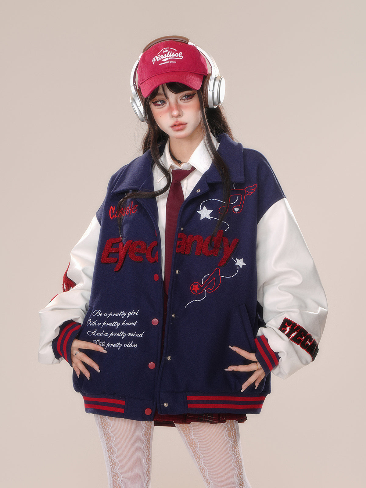 Kawaii Fuzzy Embroidered Varsity Jacket – Oversized Sweet-Punk Bomber for Fall/Winter