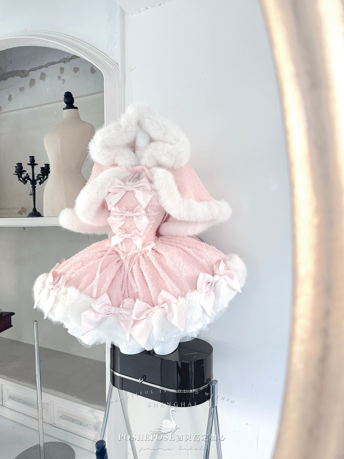 Christmas Lolita Winter Dress with Faux Fur Cape — Milk Pink Bow Princess Snow Dress