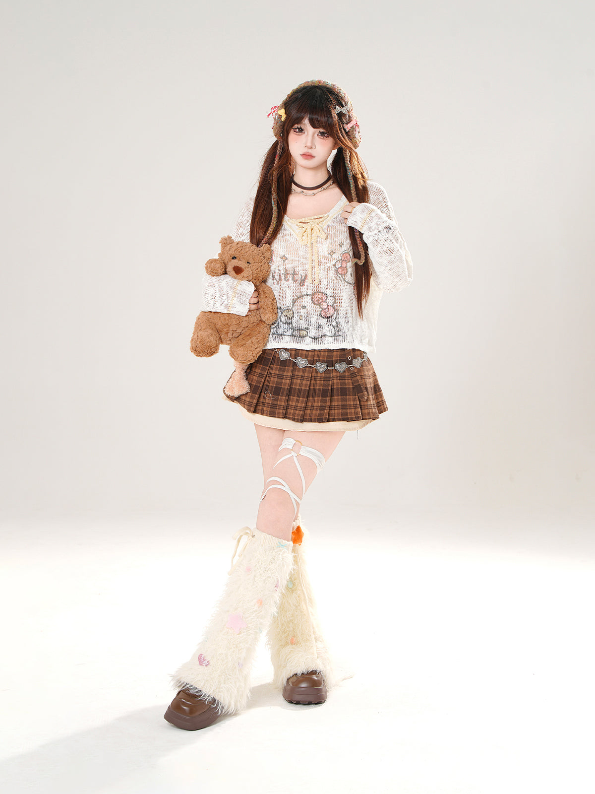 Plaid Mini Skirt – High Waist Pleated A-Line Skirt with Bear Charm