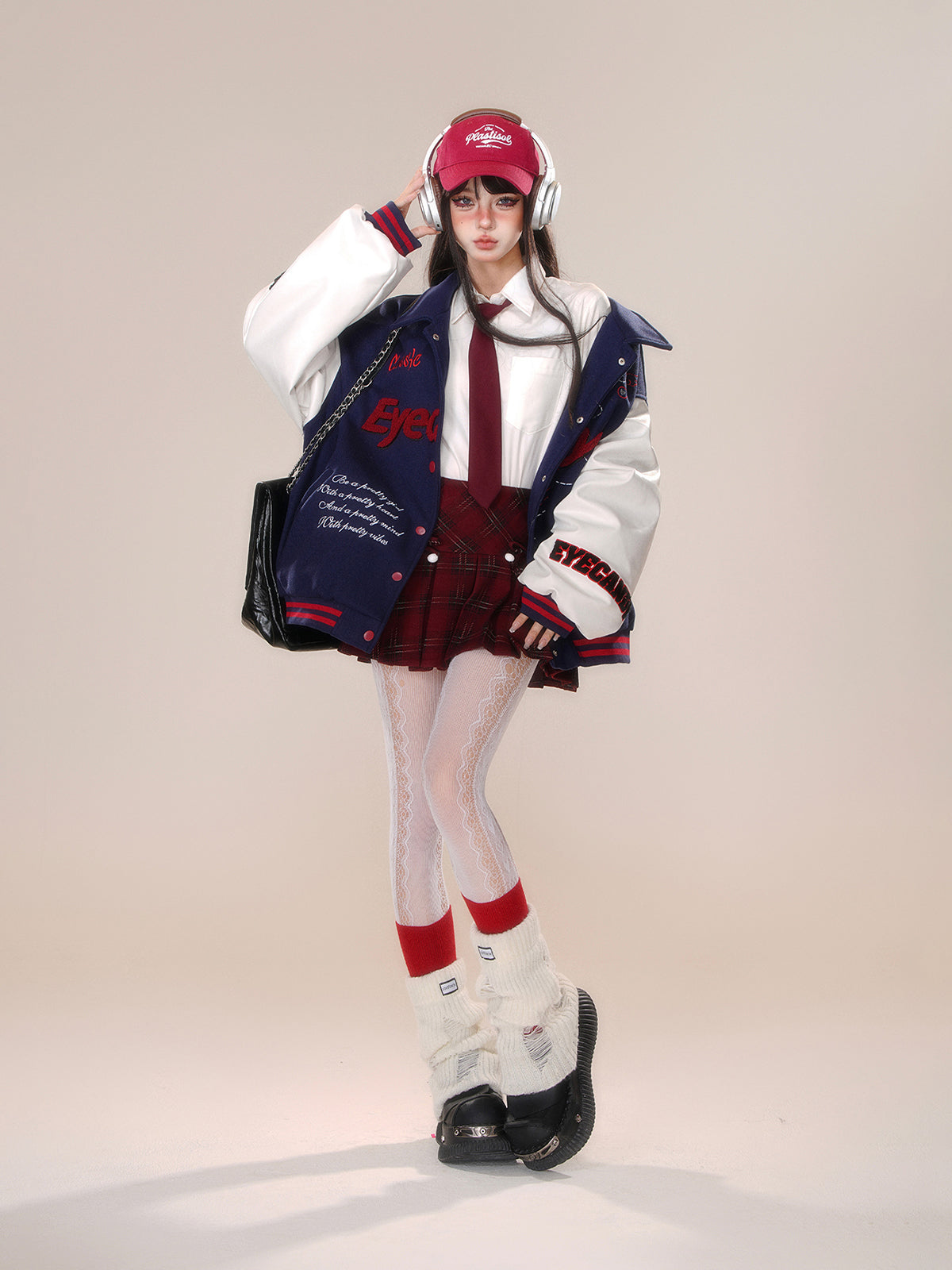 Kawaii Fuzzy Embroidered Varsity Jacket – Oversized Sweet-Punk Bomber for Fall/Winter