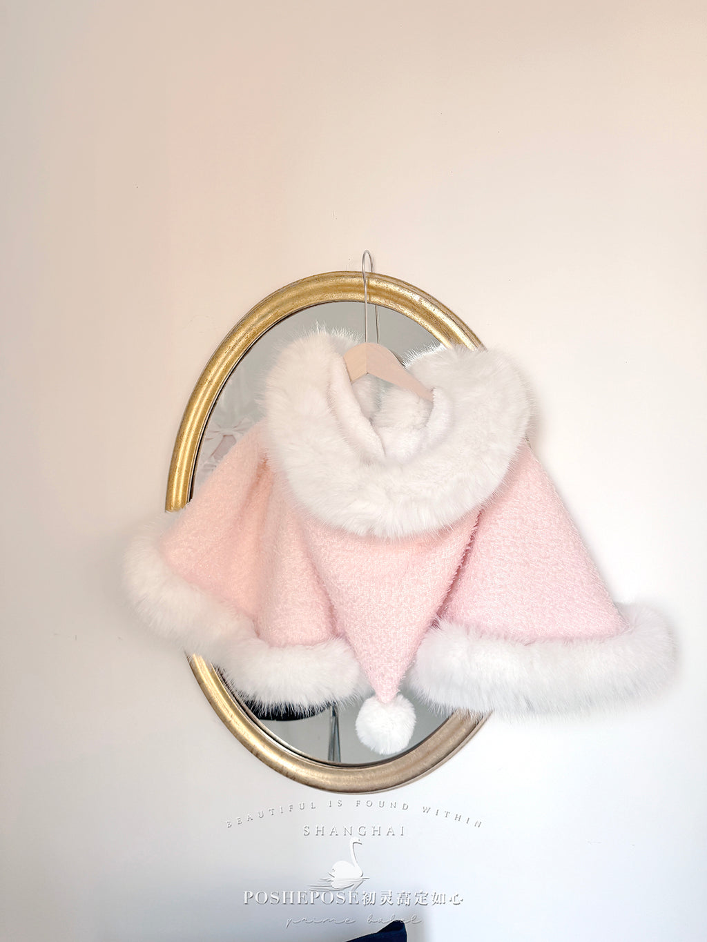 Christmas Lolita Winter Dress with Faux Fur Cape — Milk Pink Bow Princess Snow Dress