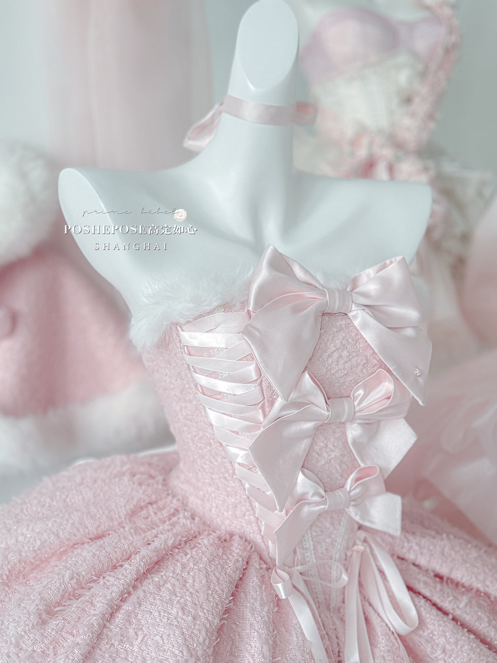 Christmas Lolita Winter Dress with Faux Fur Cape — Milk Pink Bow Princess Snow Dress