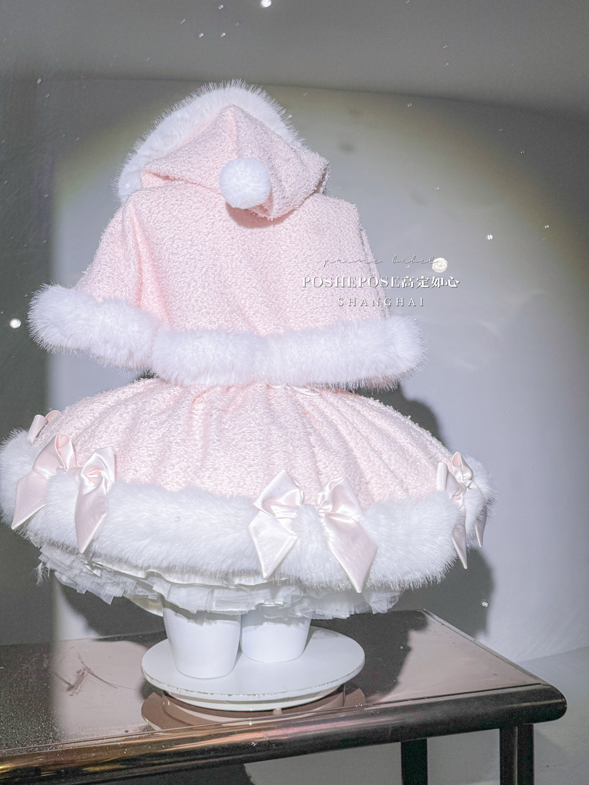 Christmas Lolita Winter Dress with Faux Fur Cape — Milk Pink Bow Princess Snow Dress