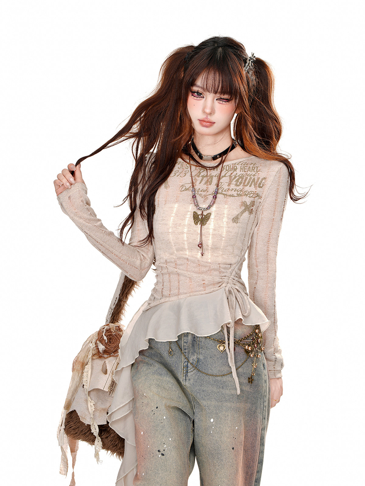 Y2K Mesh Knit Top – Slim Fit Long Sleeve with Waist Tie