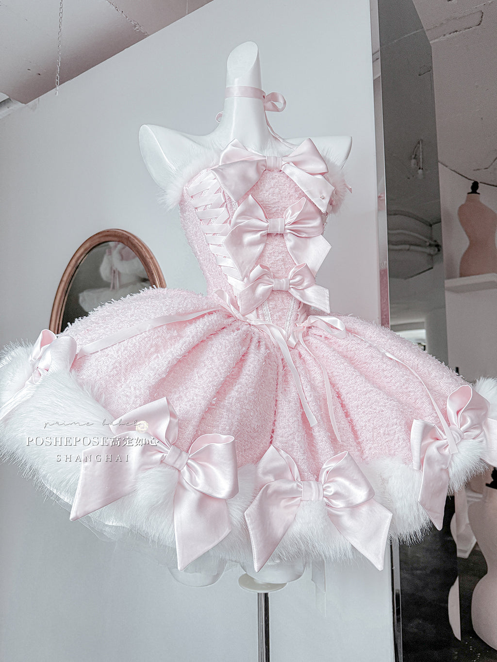 Christmas Lolita Winter Dress with Faux Fur Cape — Milk Pink Bow Princess Snow Dress