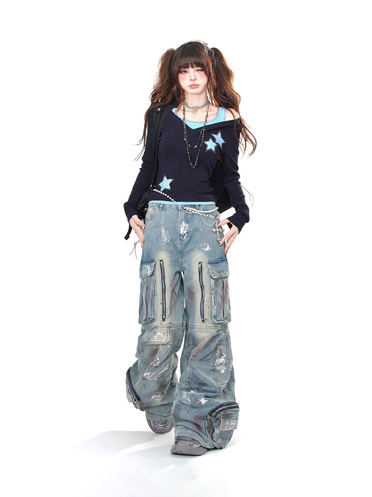 Off-Shoulder Layered Knit Top – Y2K Star Embroidered Two-Piece Look