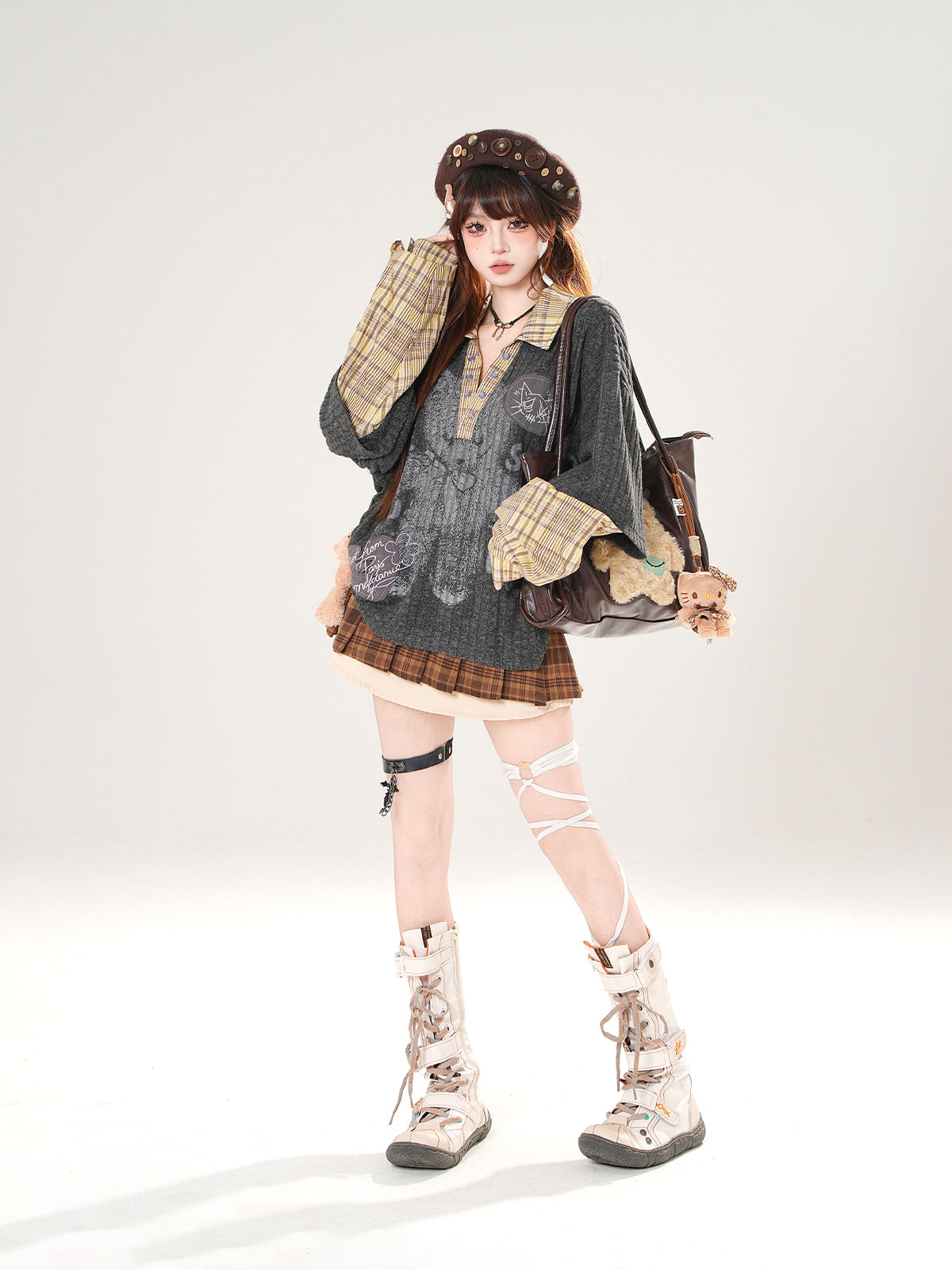 Plaid Mini Skirt – High Waist Pleated A-Line Skirt with Bear Charm