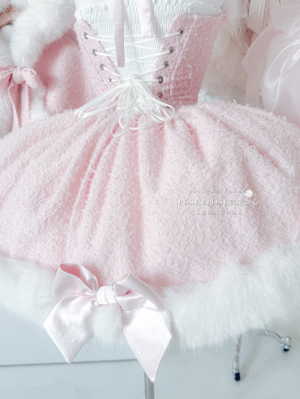 Christmas Lolita Winter Dress with Faux Fur Cape — Milk Pink Bow Princess Snow Dress