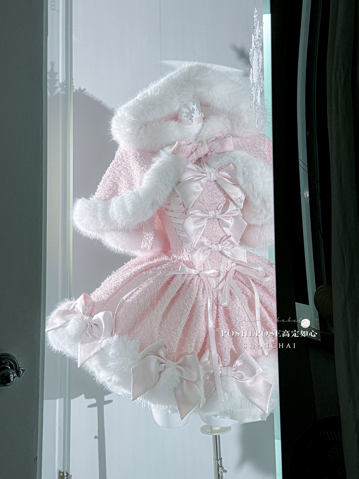 Christmas Lolita Winter Dress with Faux Fur Cape — Milk Pink Bow Princess Snow Dress
