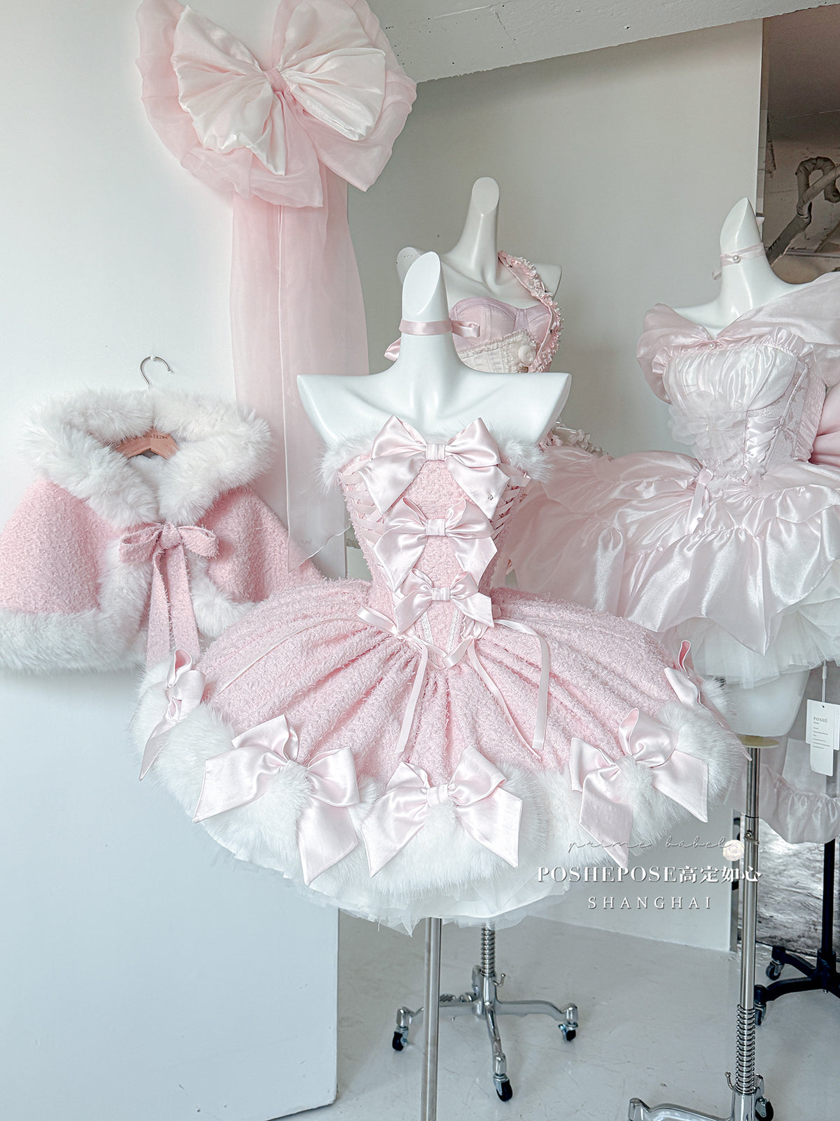 Christmas Lolita Winter Dress with Faux Fur Cape — Milk Pink Bow Princess Snow Dress