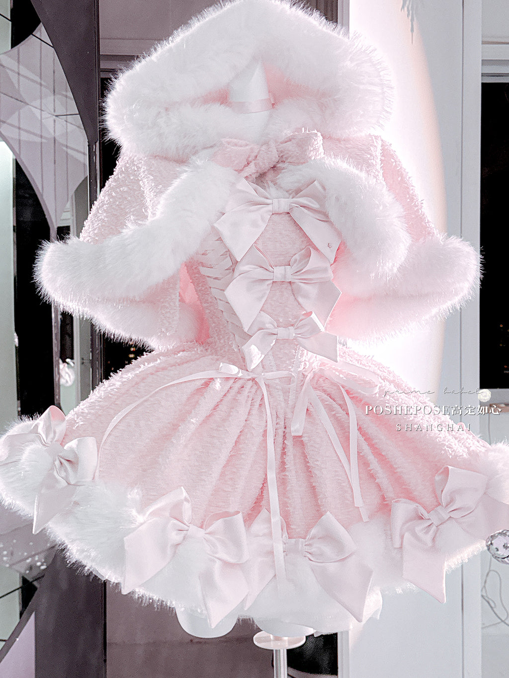 Christmas Lolita Winter Dress with Faux Fur Cape — Milk Pink Bow Princess Snow Dress