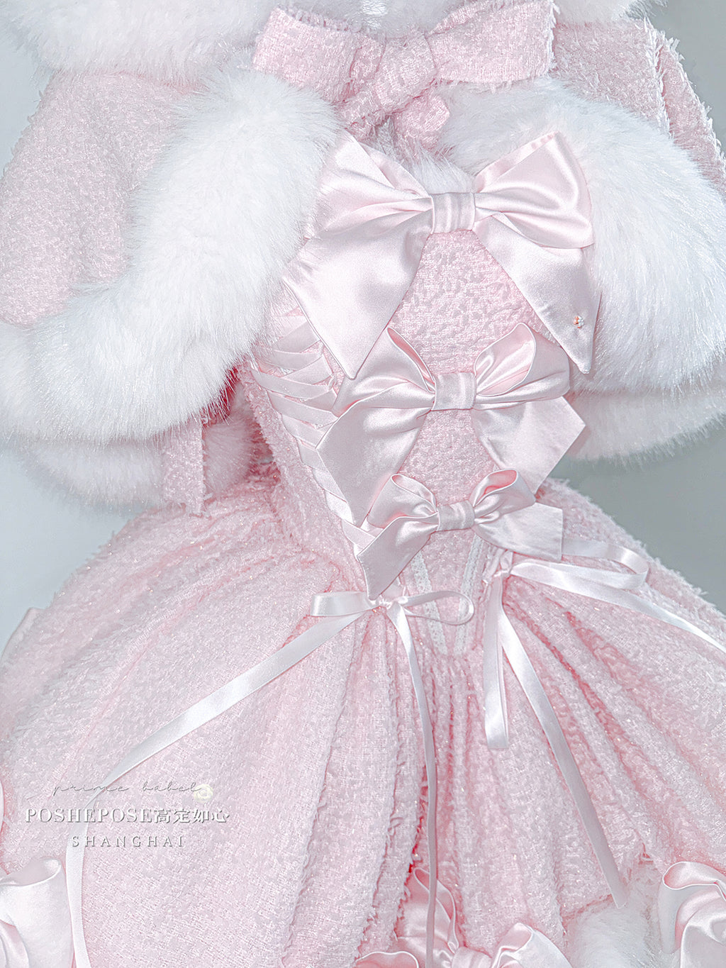 Christmas Lolita Winter Dress with Faux Fur Cape — Milk Pink Bow Princess Snow Dress