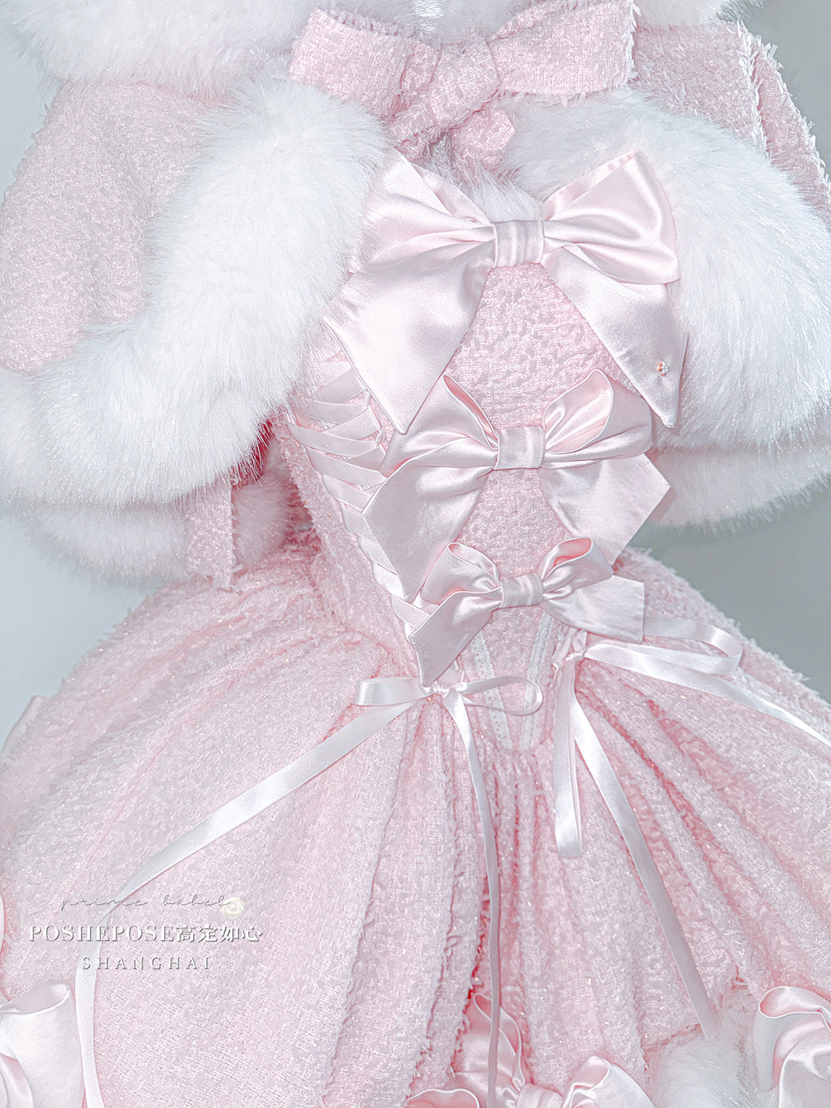 Christmas Lolita Winter Dress with Faux Fur Cape — Milk Pink Bow Princess Snow Dress