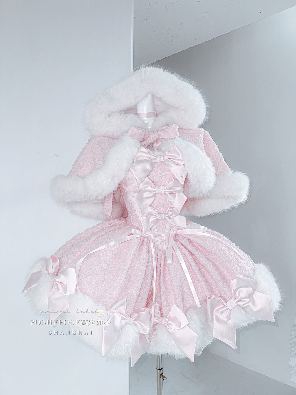 Christmas Lolita Winter Dress with Faux Fur Cape — Milk Pink Bow Princess Snow Dress