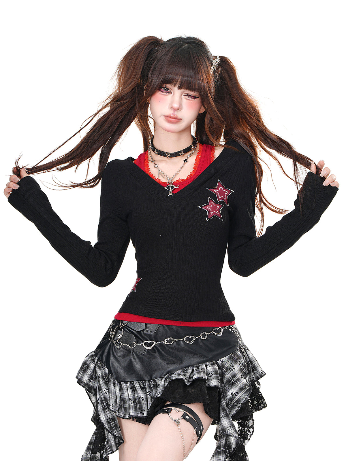 Off-Shoulder Layered Knit Top – Y2K Star Embroidered Two-Piece Look