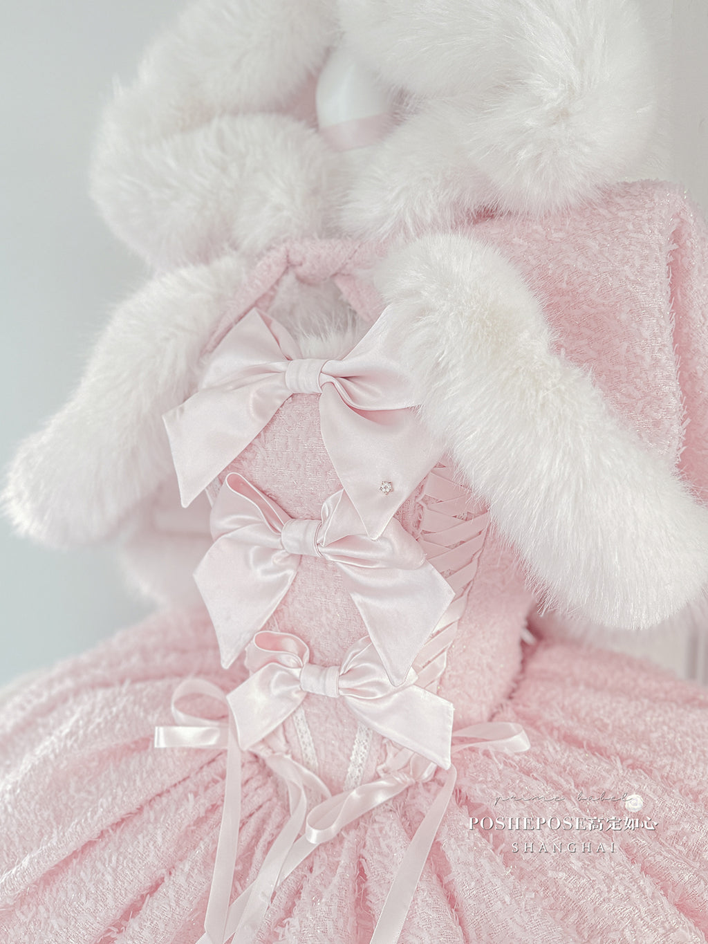 Christmas Lolita Winter Dress with Faux Fur Cape — Milk Pink Bow Princess Snow Dress