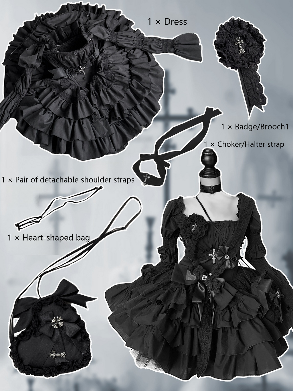 Gothic Winter Ballroom Lolita Dress Set — Dark Coquette Christmas Party Dress with Detachable Sleeves & Heart Bag