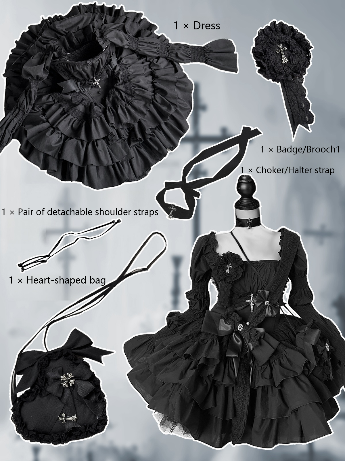 Gothic Winter Ballroom Lolita Dress Set — Dark Coquette Christmas Party Dress with Detachable Sleeves & Heart Bag