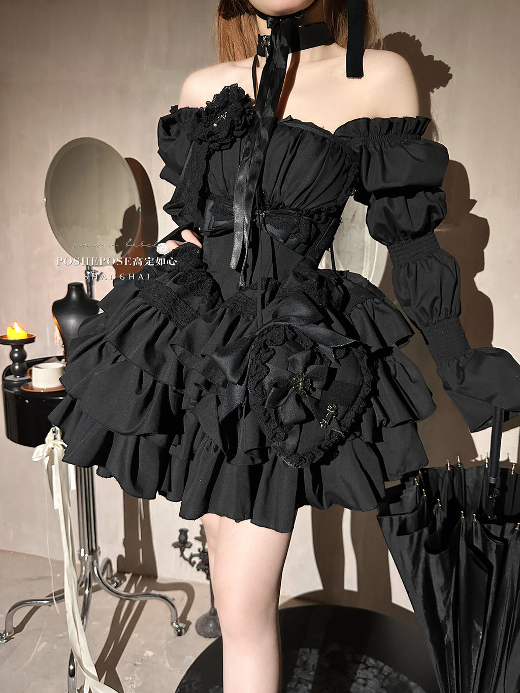 Gothic Winter Ballroom Lolita Dress Set — Dark Coquette Christmas Party Dress with Detachable Sleeves & Heart Bag