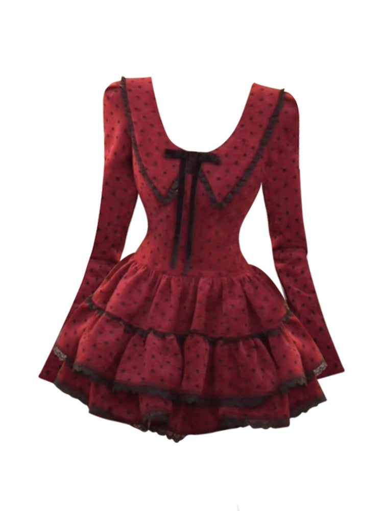 Polka Dot Mini Dress | Vintage Red & Black Lace Trim Fit & Flare