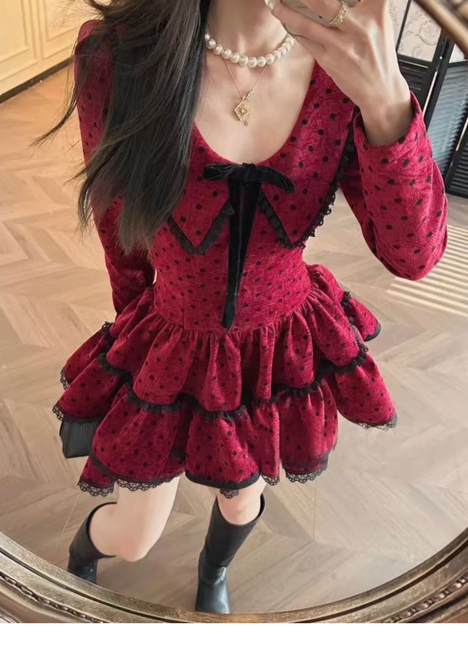 Polka Dot Mini Dress | Vintage Red & Black Lace Trim Fit & Flare