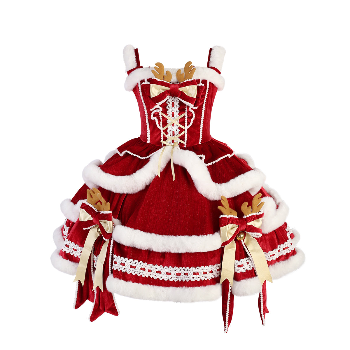Reindeer Velvet Christmas Lolita Dress Set — Winter JSK with Faux-Fur Trim, Hooded Cape & Golden Bow Details  Festive Holiday Party Dress