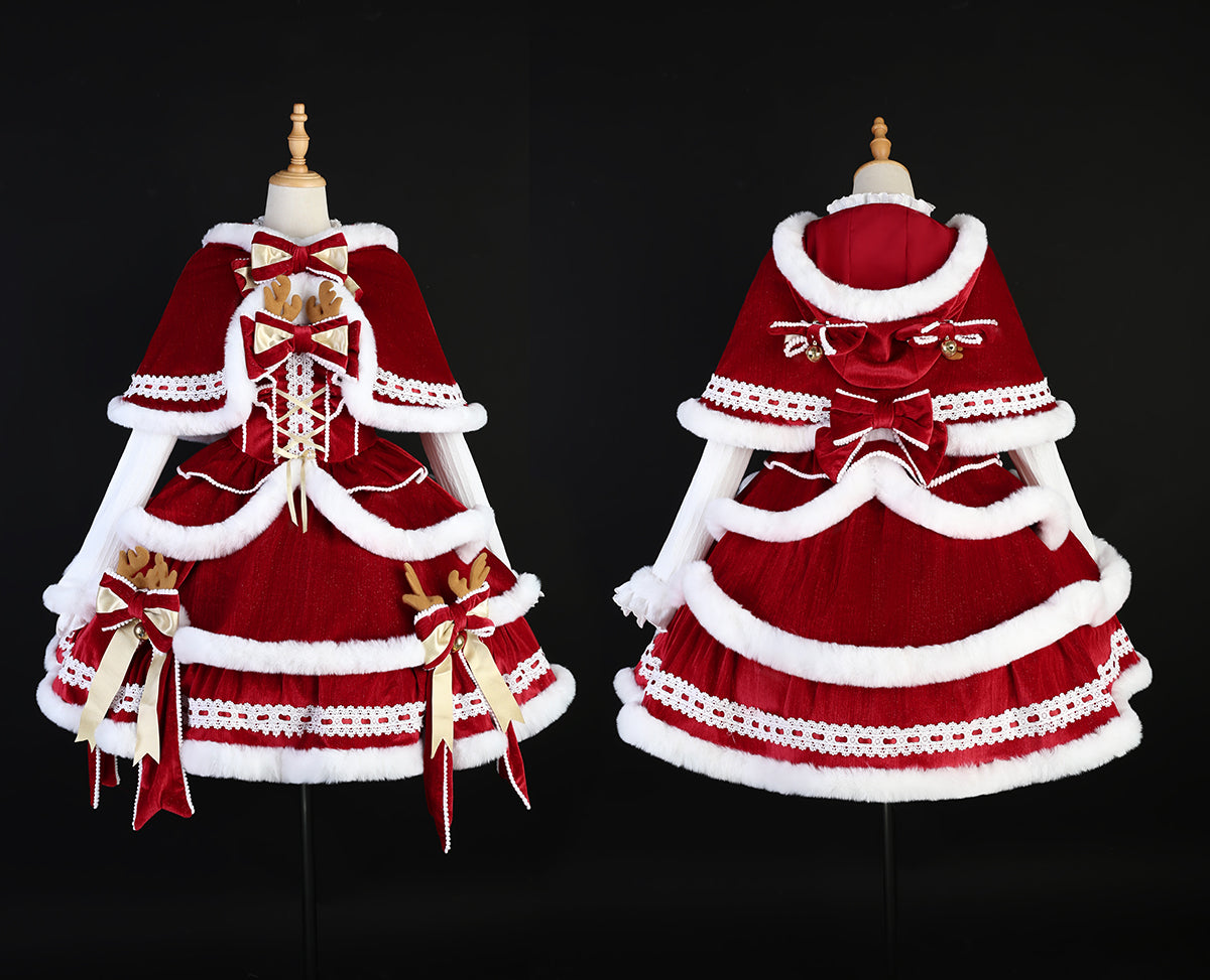 Reindeer Velvet Christmas Lolita Dress Set — Winter JSK with Faux-Fur Trim, Hooded Cape & Golden Bow Details  Festive Holiday Party Dress