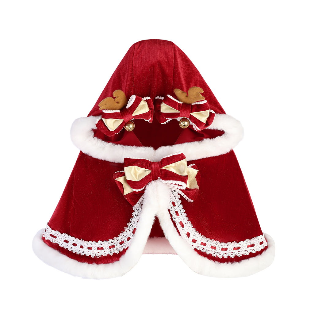 Reindeer Velvet Christmas Lolita Dress Set — Winter JSK with Faux-Fur Trim, Hooded Cape & Golden Bow Details  Festive Holiday Party Dress