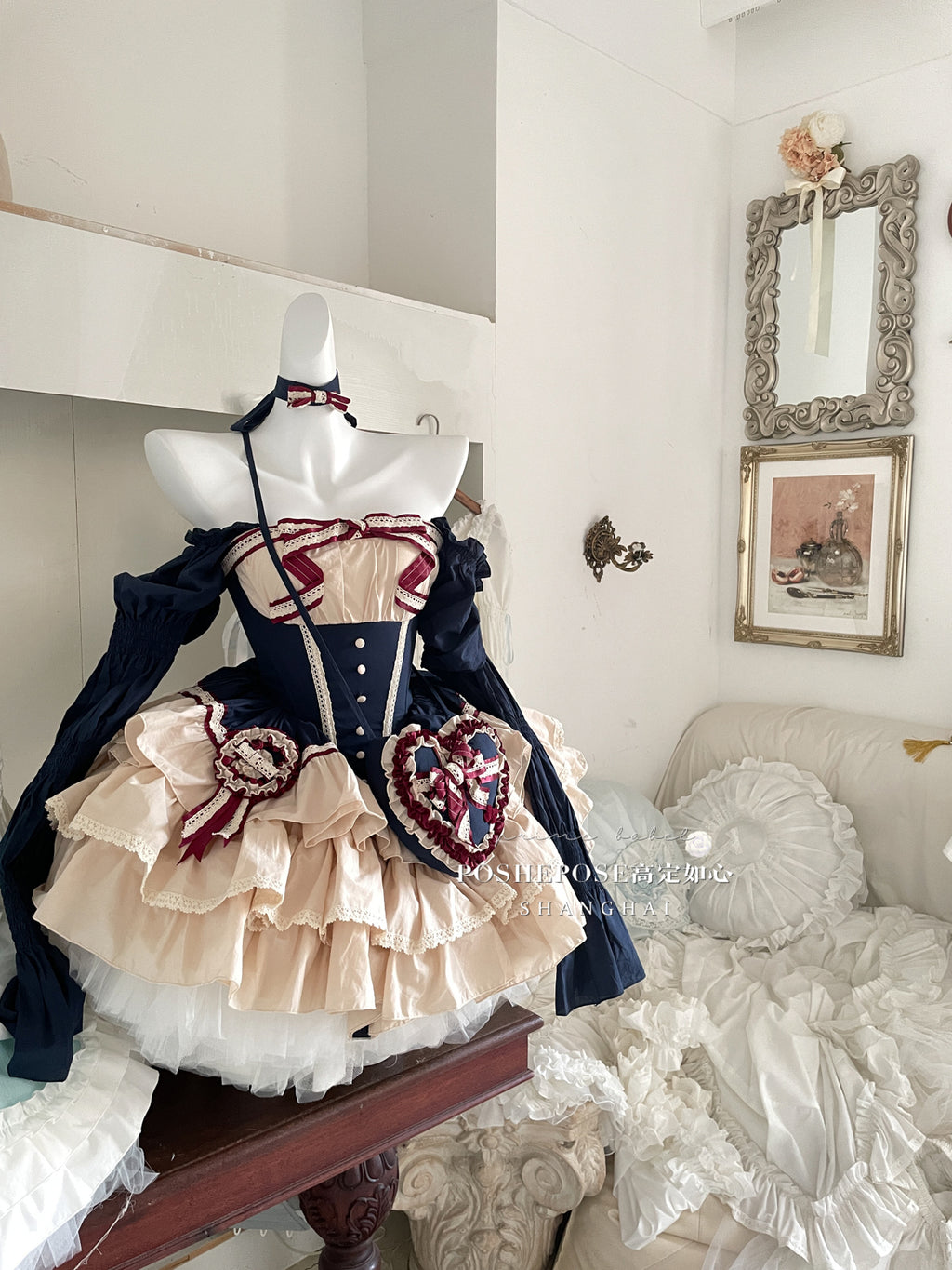 Snow-White Winter Lolita Party Dress Set — Royalcore Corset Prom Dress with Detachable Sleeves & Heart Bag