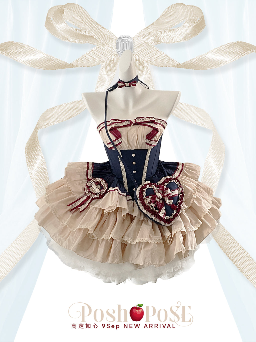 Snow-White Winter Lolita Party Dress Set — Royalcore Corset Prom Dress with Detachable Sleeves & Heart Bag