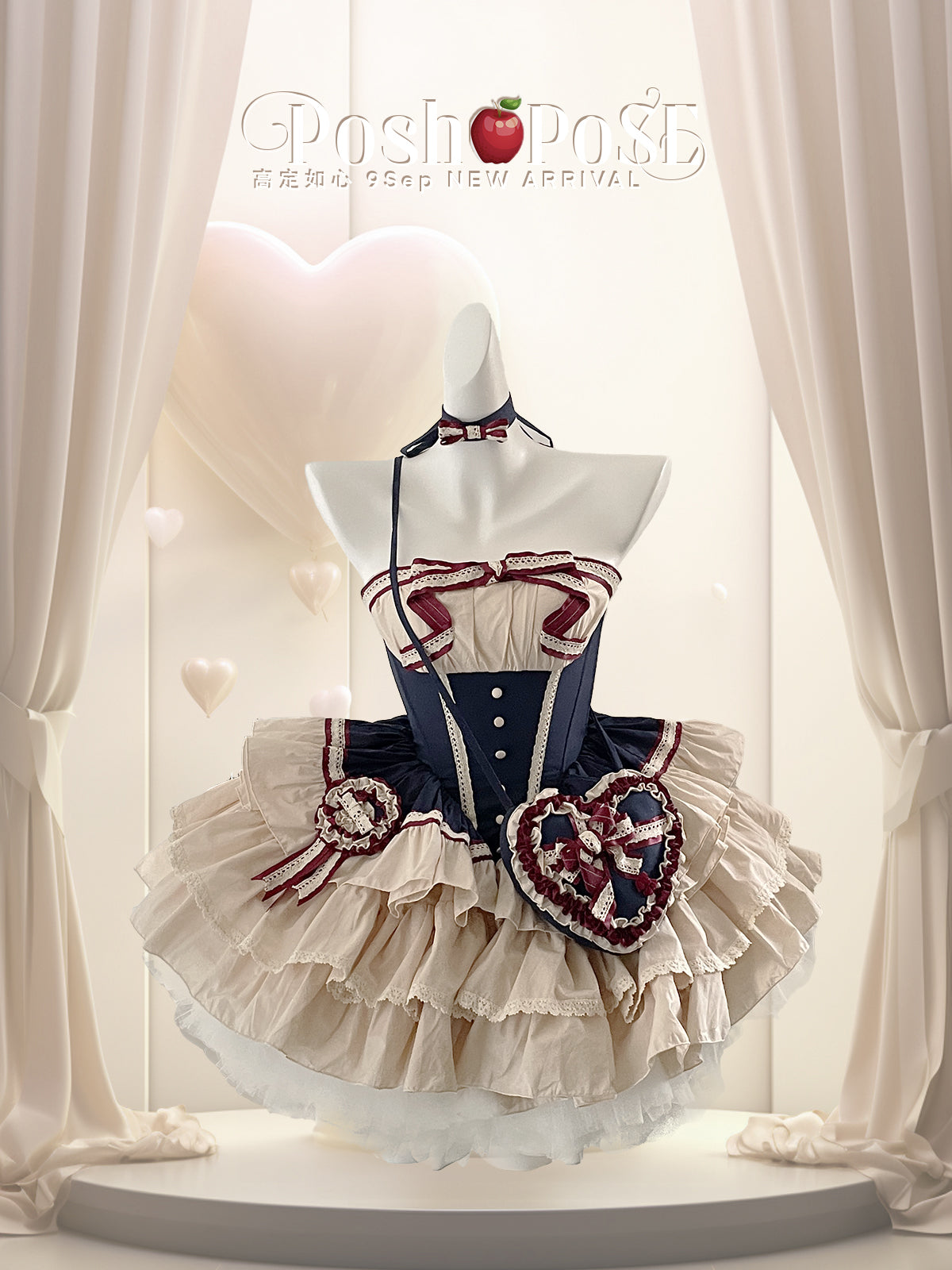 Snow-White Winter Lolita Party Dress Set — Royalcore Corset Prom Dress with Detachable Sleeves & Heart Bag