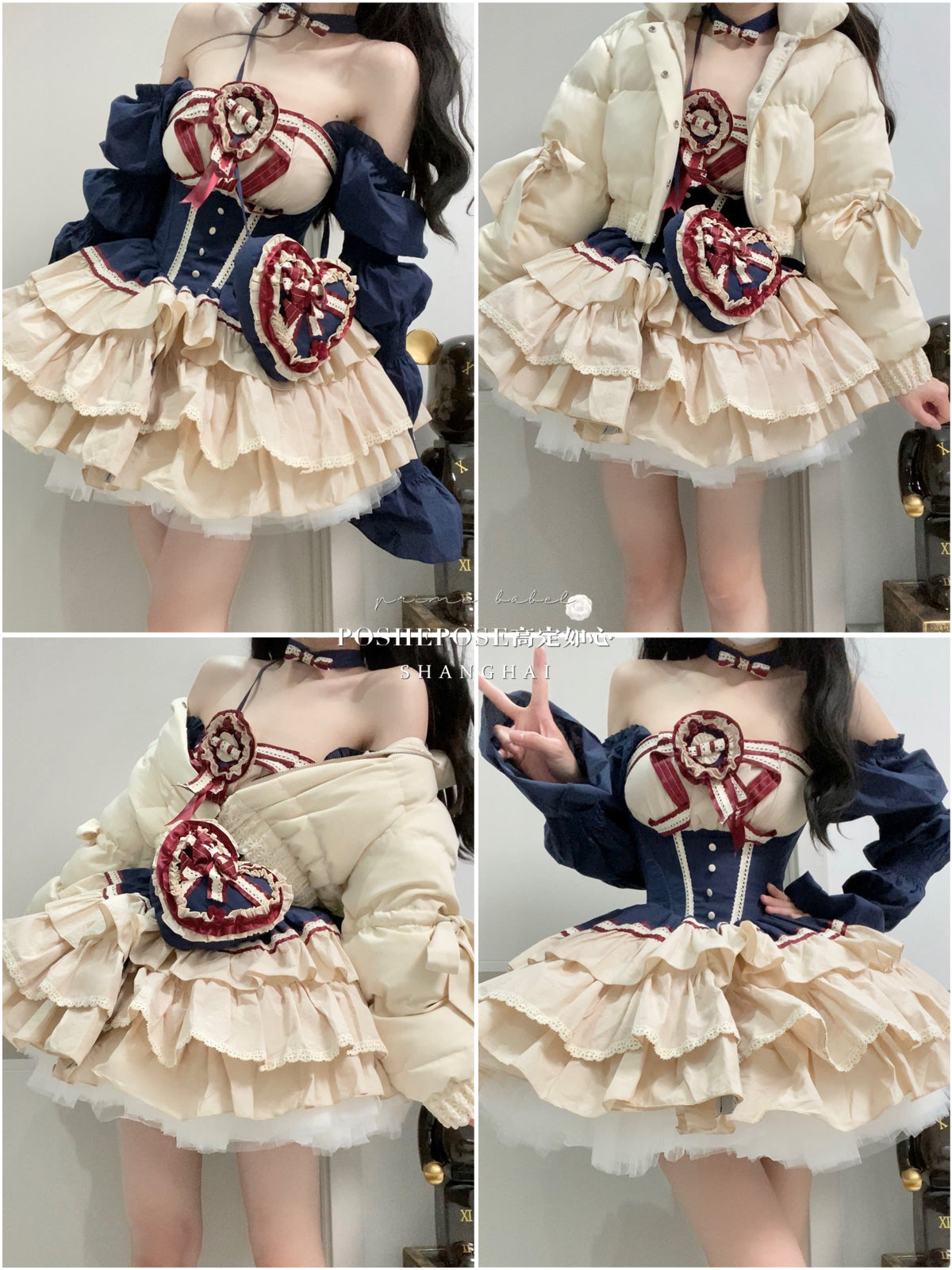 Snow-White Winter Lolita Party Dress Set — Royalcore Corset Prom Dress with Detachable Sleeves & Heart Bag