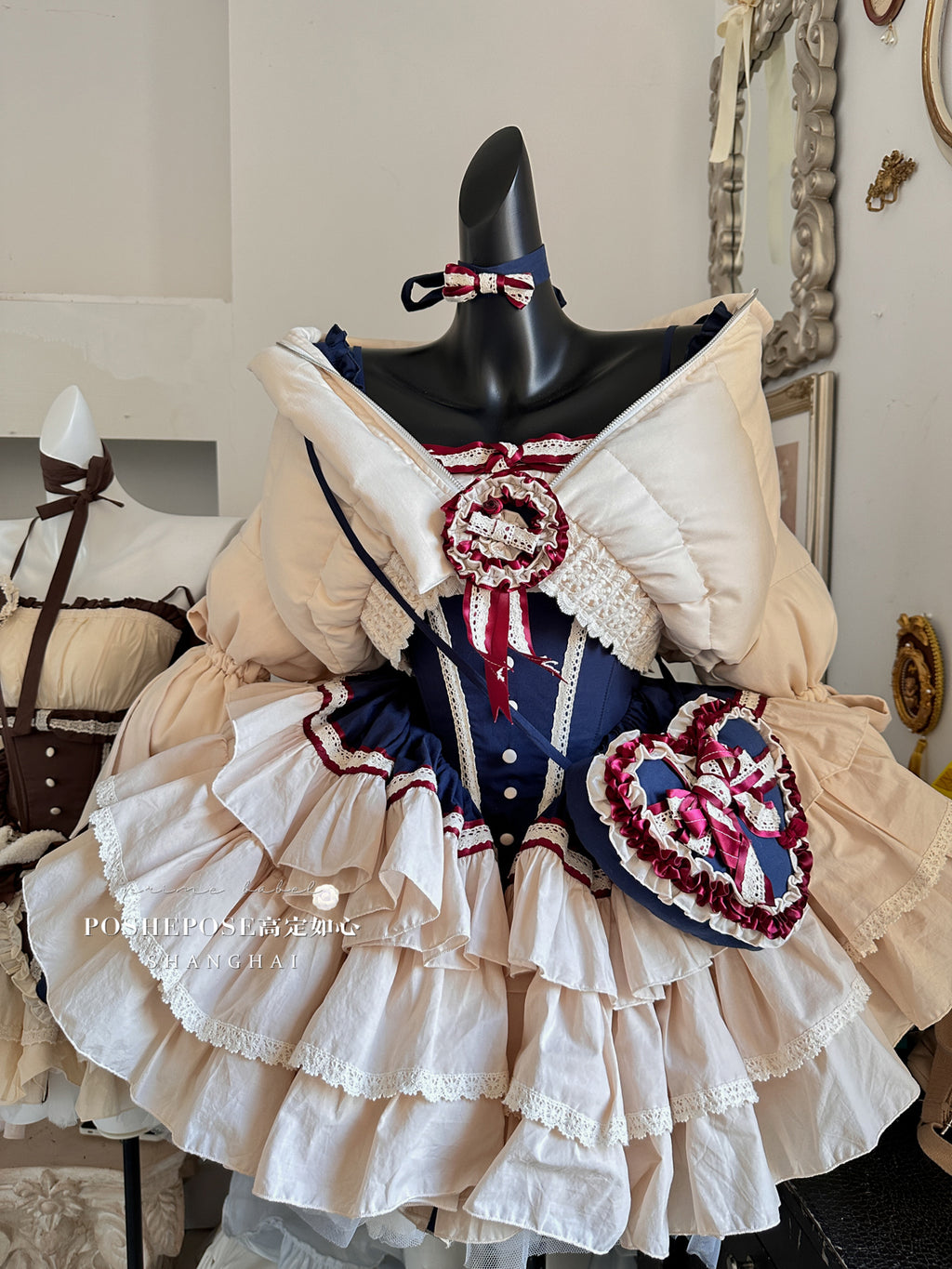 Snow-White Winter Lolita Party Dress Set — Royalcore Corset Prom Dress with Detachable Sleeves & Heart Bag