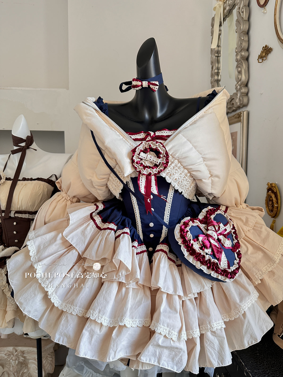 Snow-White Winter Lolita Party Dress Set — Royalcore Corset Prom Dress with Detachable Sleeves & Heart Bag