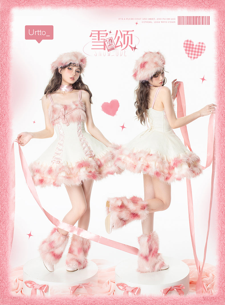 “Snow Ode” Faux Fur Lolita Set — Plush Pink & Silver Outfits for Snow Bunny Girls