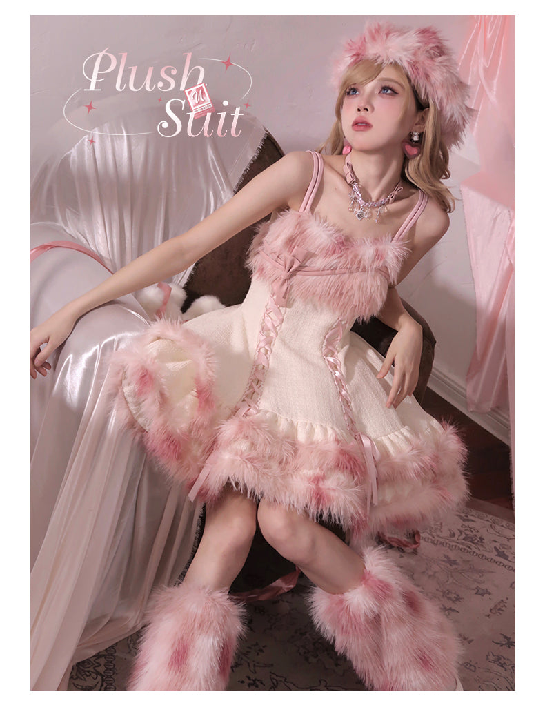 “Snow Ode” Faux Fur Lolita Set — Plush Pink & Silver Outfits for Snow Bunny Girls