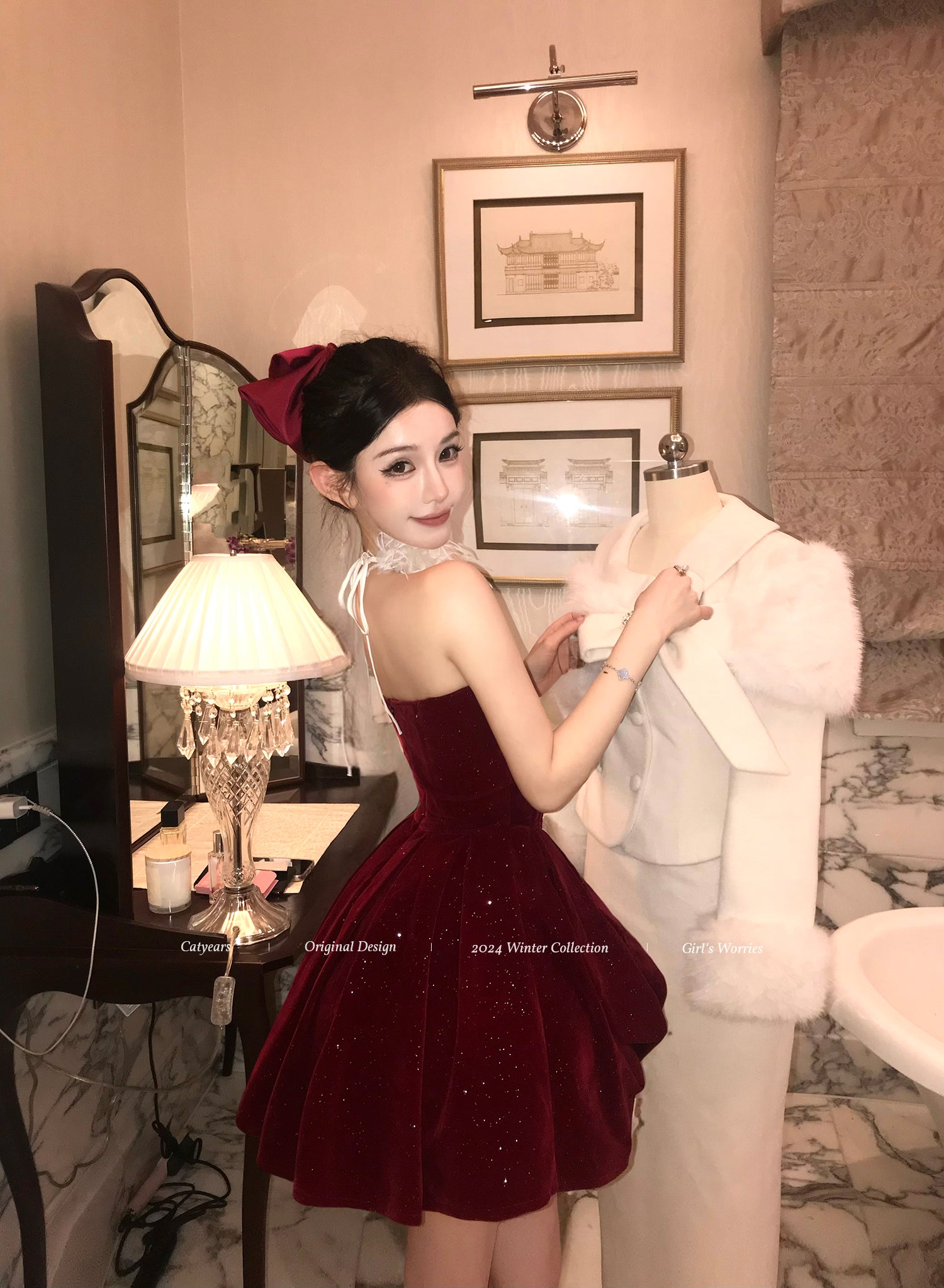 Sparkly Red Velvet Corset Dress Set | Strapless Christmas Party Mini Dress with Bow Petticoat