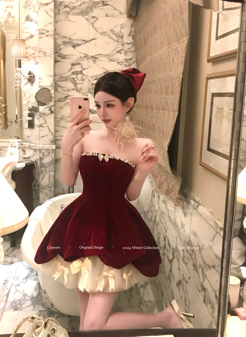 Sparkly Red Velvet Corset Dress Set | Strapless Christmas Party Mini Dress with Bow Petticoat
