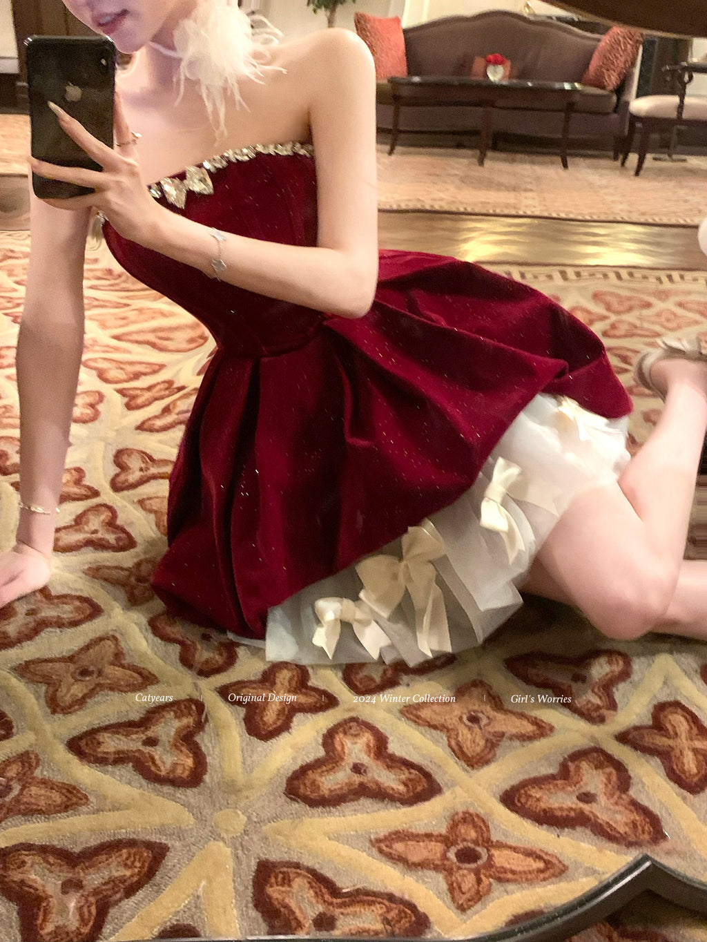 Sparkly Red Velvet Corset Dress Set | Strapless Christmas Party Mini Dress with Bow Petticoat