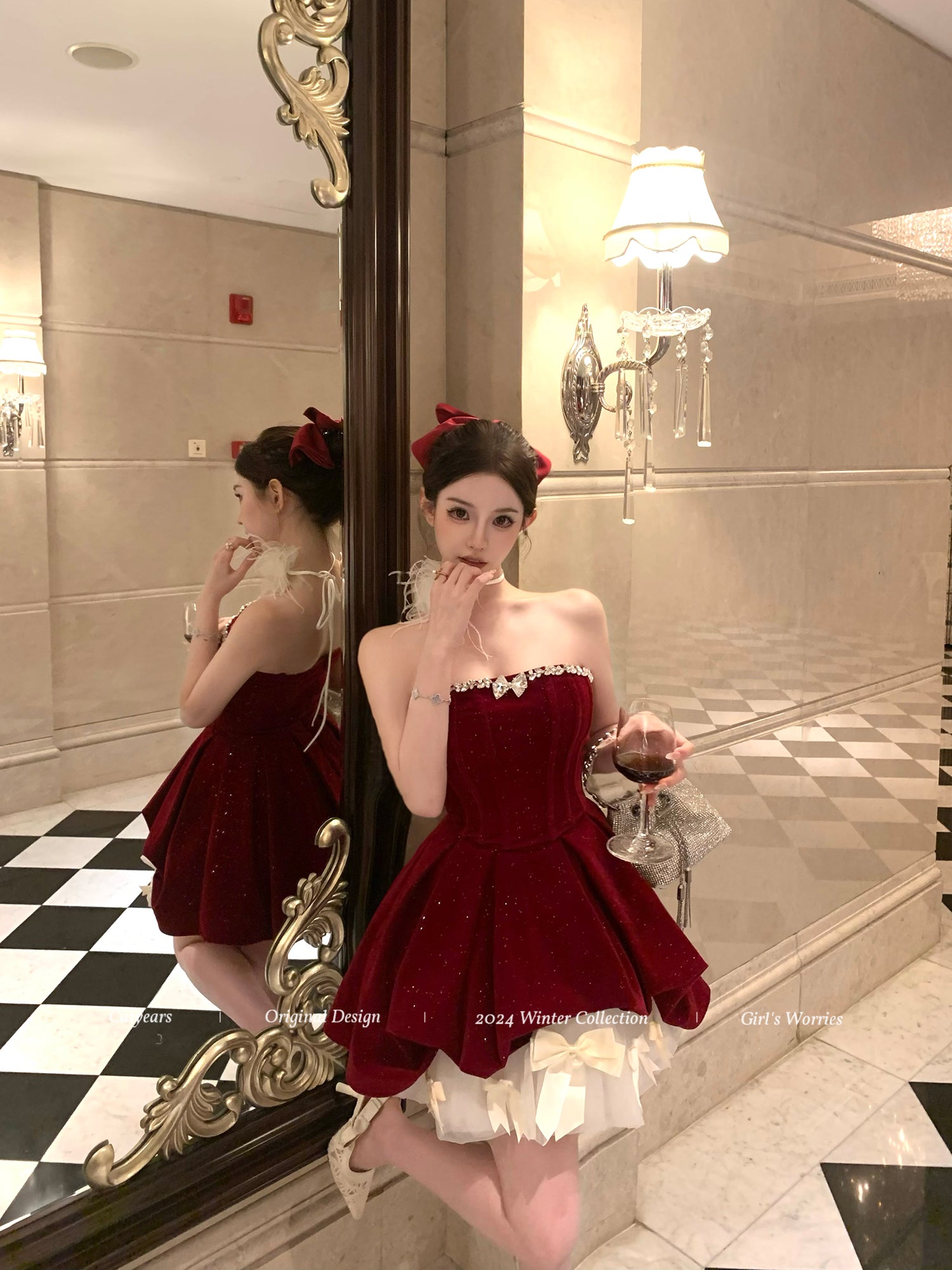 Sparkly Red Velvet Corset Dress Set | Strapless Christmas Party Mini Dress with Bow Petticoat