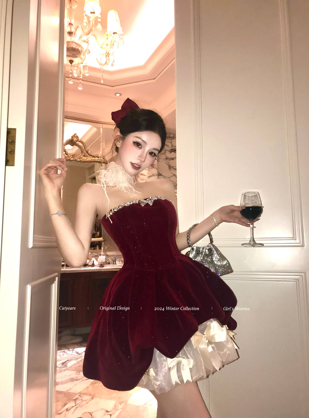 Sparkly Red Velvet Corset Dress Set | Strapless Christmas Party Mini Dress with Bow Petticoat