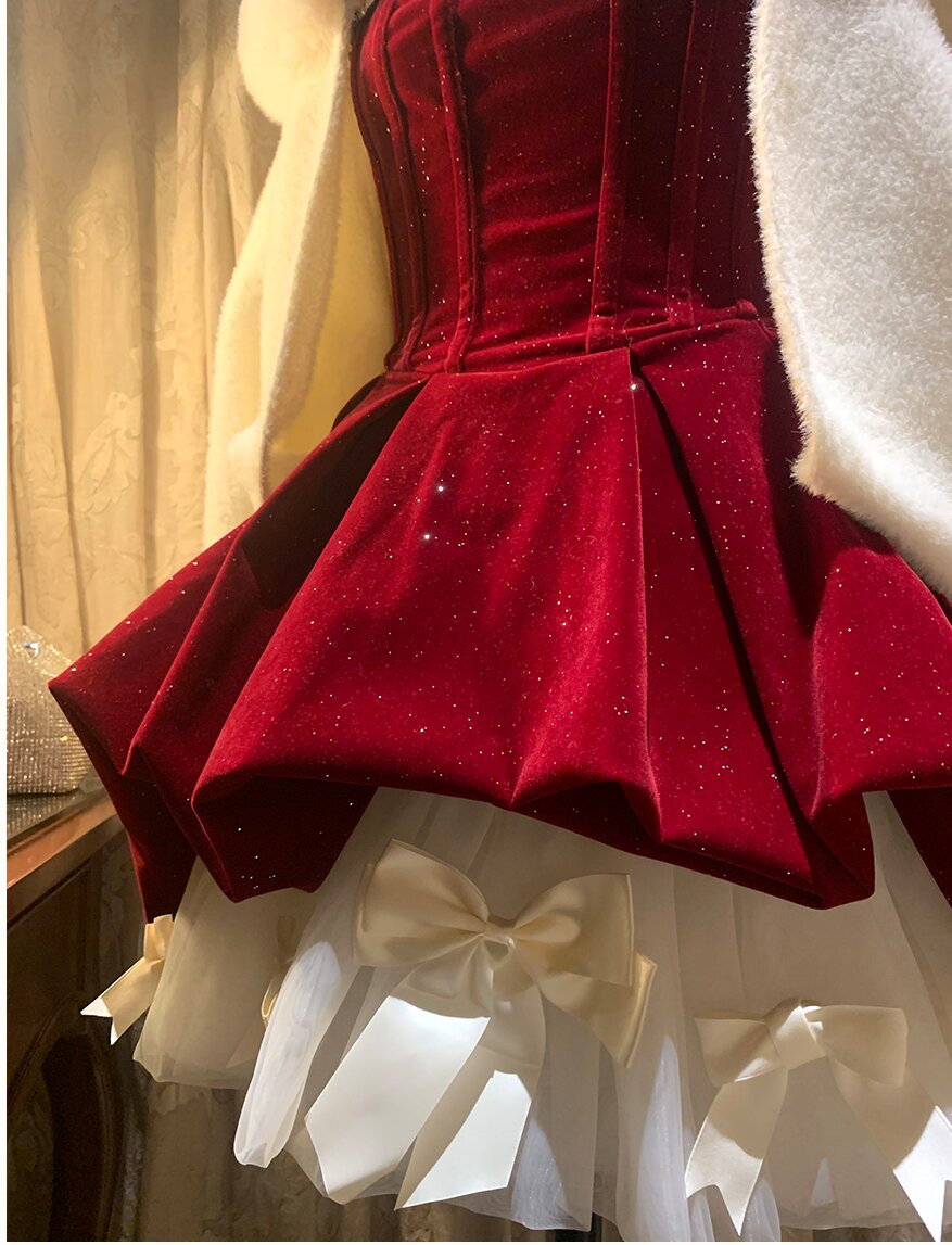 Sparkly Red Velvet Corset Dress Set | Strapless Christmas Party Mini Dress with Bow Petticoat
