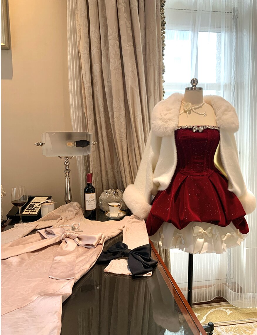 Sparkly Red Velvet Corset Dress Set | Strapless Christmas Party Mini Dress with Bow Petticoat