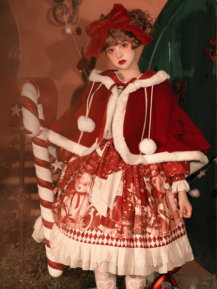 Sweet Bear Christmas Lolita Dress & Cape — Winter Christmas Party Dress, Teddy Print Princess Dress