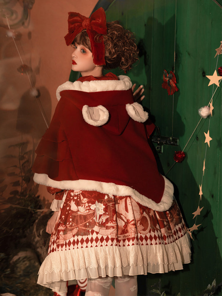 Sweet Bear Christmas Lolita Dress & Cape — Winter Christmas Party Dress, Teddy Print Princess Dress