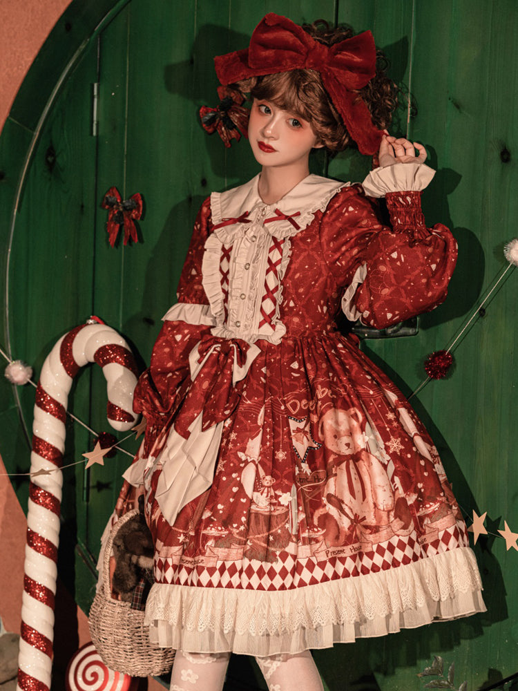 Sweet Bear Christmas Lolita Dress & Cape — Winter Christmas Party Dress, Teddy Print Princess Dress