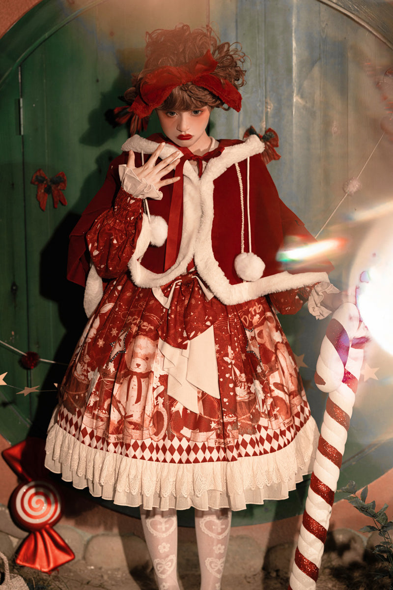 Sweet Bear Christmas Lolita Dress & Cape — Winter Christmas Party Dress, Teddy Print Princess Dress