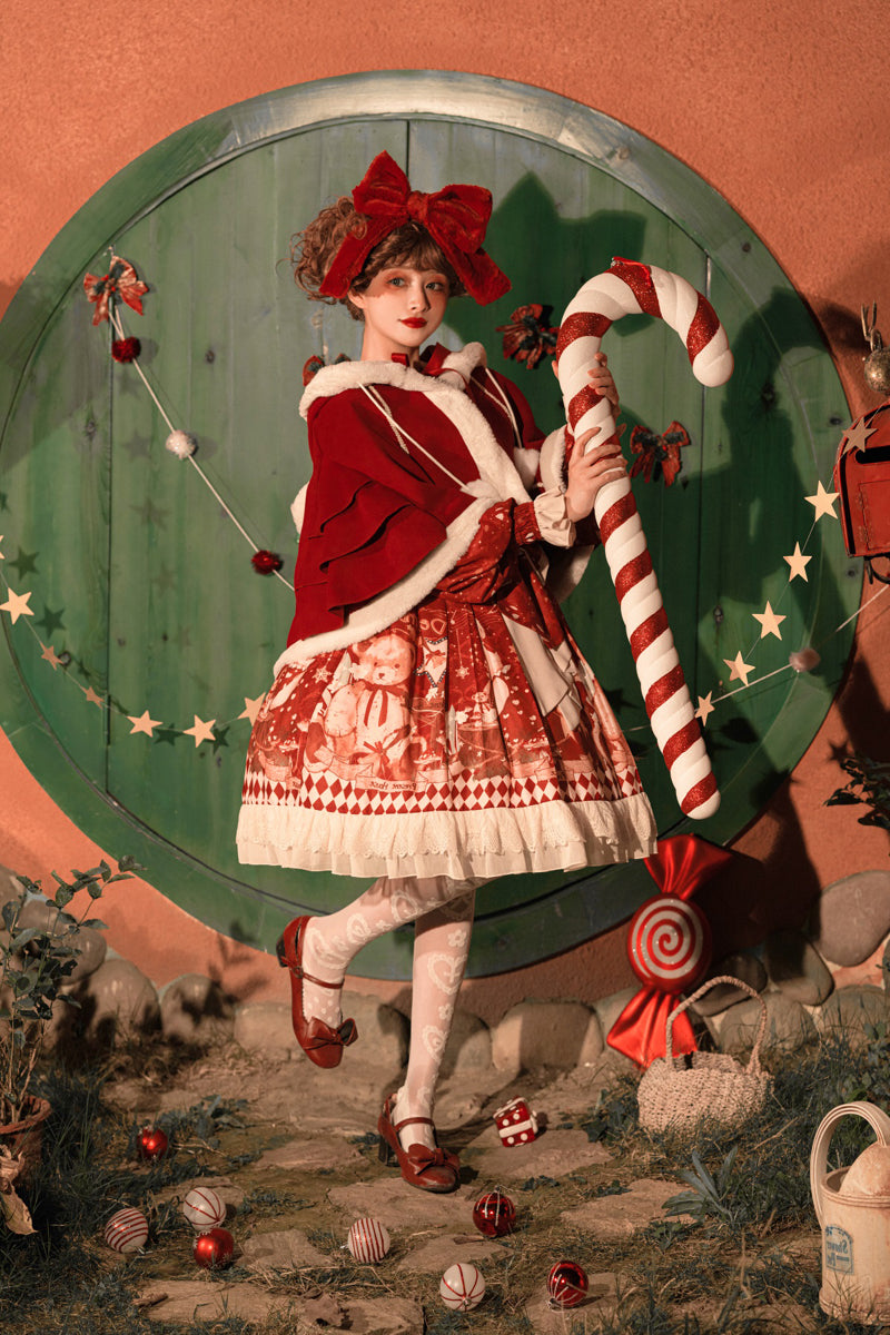 Sweet Bear Christmas Lolita Dress & Cape — Winter Christmas Party Dress, Teddy Print Princess Dress